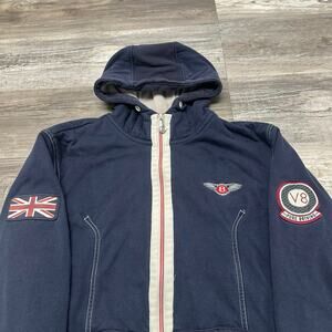 Bentley Motors Jacket V8 Patches Navy Blue Red Mens M Sherpa Lined Zip-Up Hooded